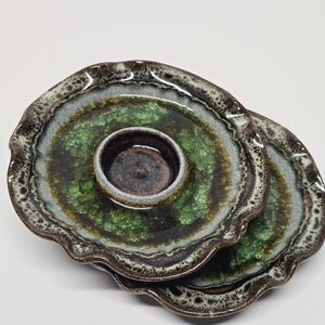 Native American Navajo Stoneware Pottery Crackle Glass Candle Holder Set NEW